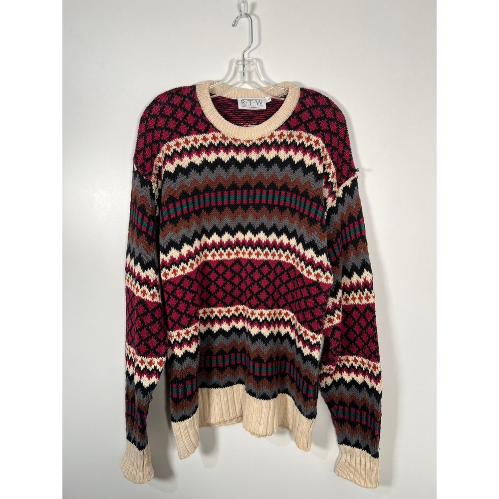 Vintage Fair Isle Geometric Grandpacore Knit Zig Zag Sweater Multi Color XL